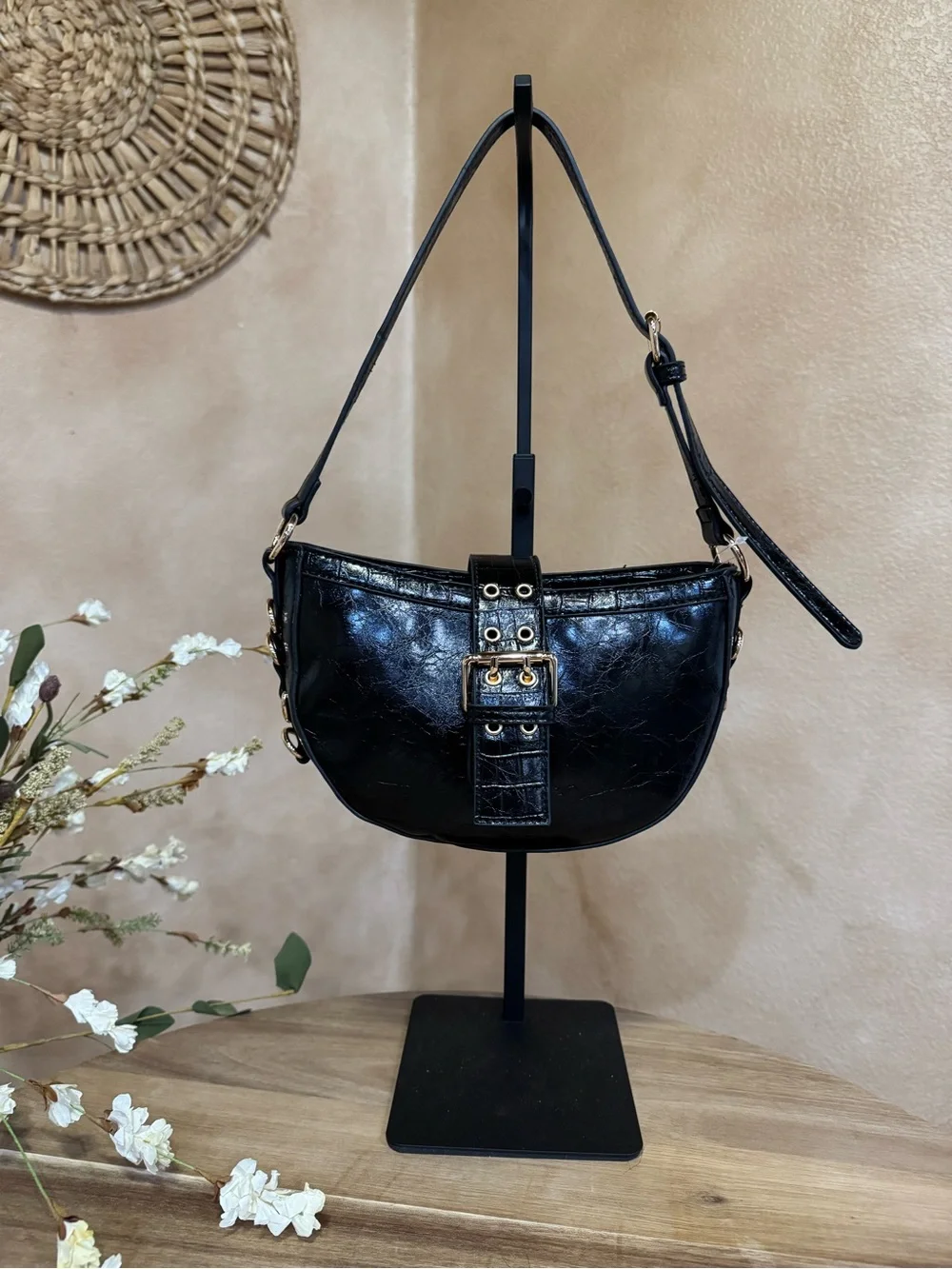BDG Mira Belted Faux Leather Crescent Bag